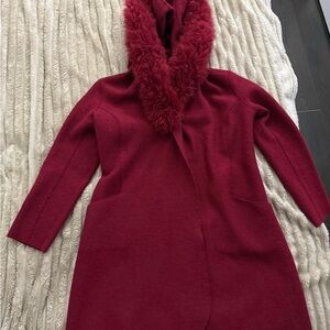 Women's Burgundy Hooded Alpaca Blend  Coat with Fur Trim
